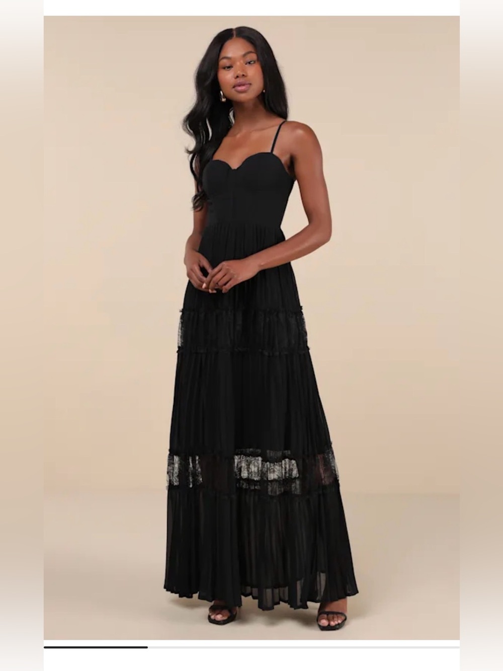 Lulu's Black Pleated Lace-Insert Maxi Dress